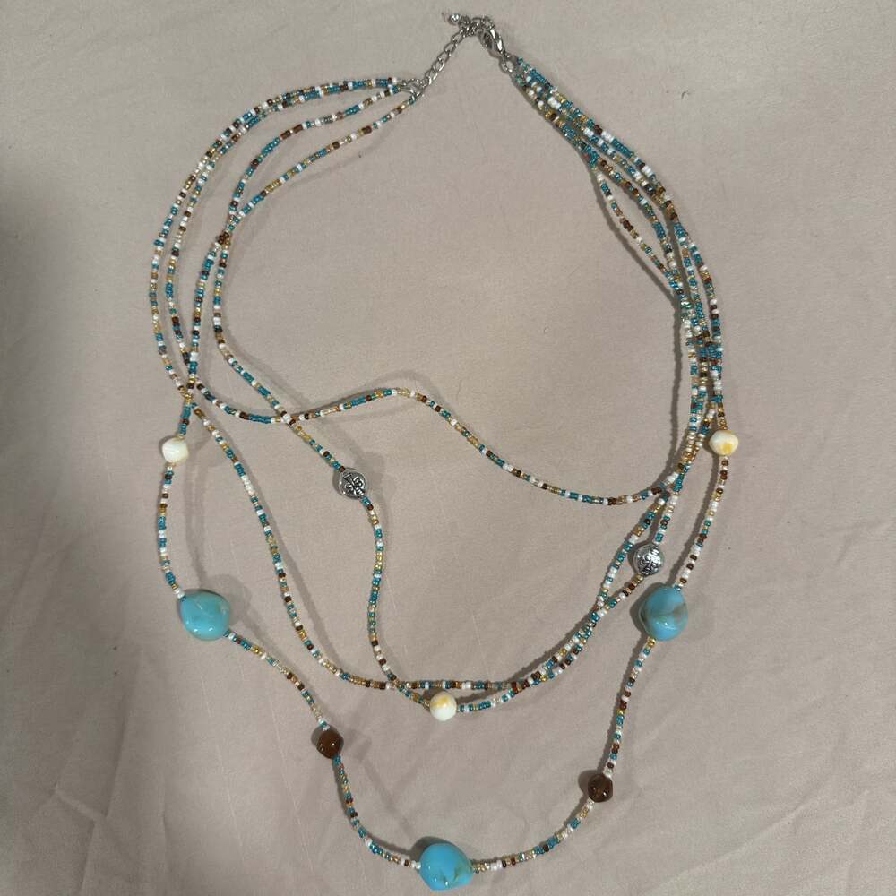 Triple Strand Necklace Seed Beads & Mixed Glass Beads Blue White Brown 24-30”